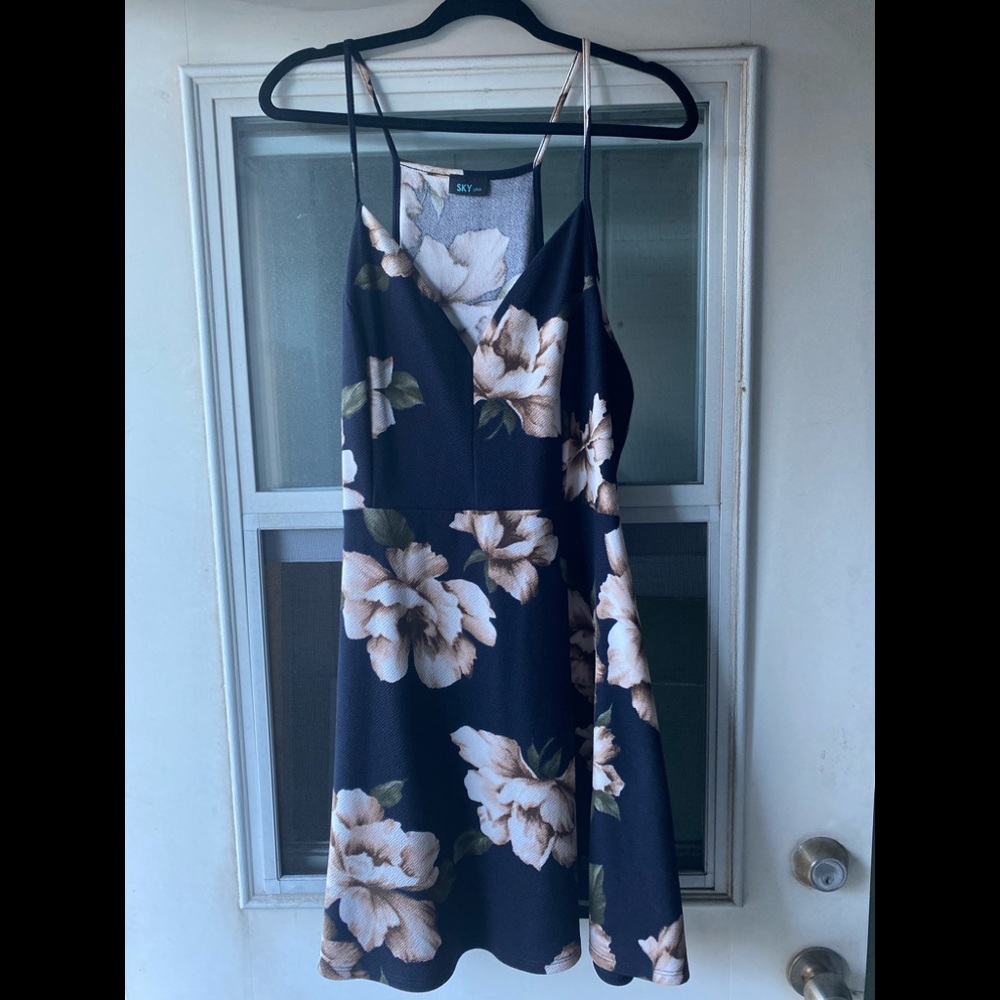 Navy blue floral and flowy cocktail dress